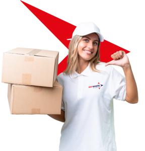 Professional courier woman pointing at delivery boxes with Anywhere Couriers logo